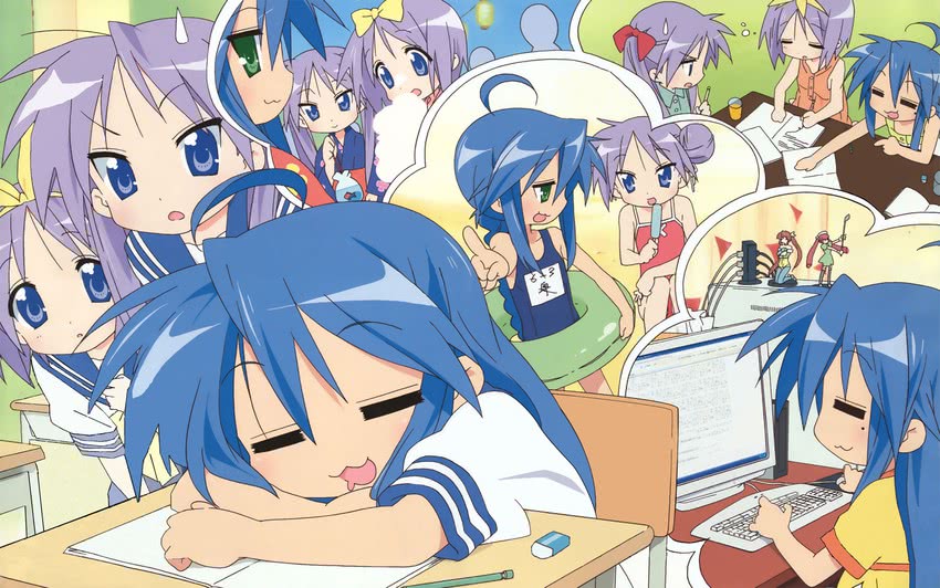 hiiragi kagami, izumi konata, and hiiragi tsukasa (lucky star) drawn by horiguchi_yukiko