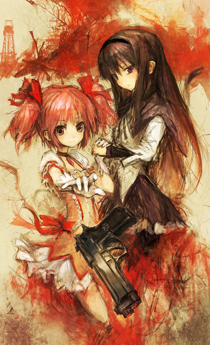 akemi homura, kaname madoka, and kyubey (mahou shoujo madoka magica) drawn by lm7_(op-center)