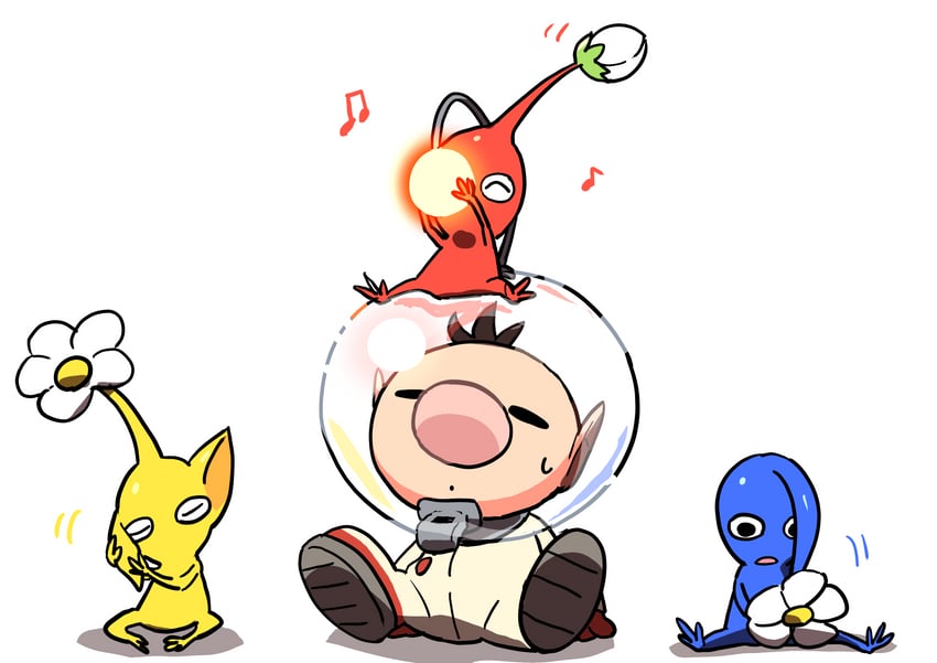 red pikmin, olimar, yellow pikmin, and blue pikmin (pikmin) drawn by pokefia