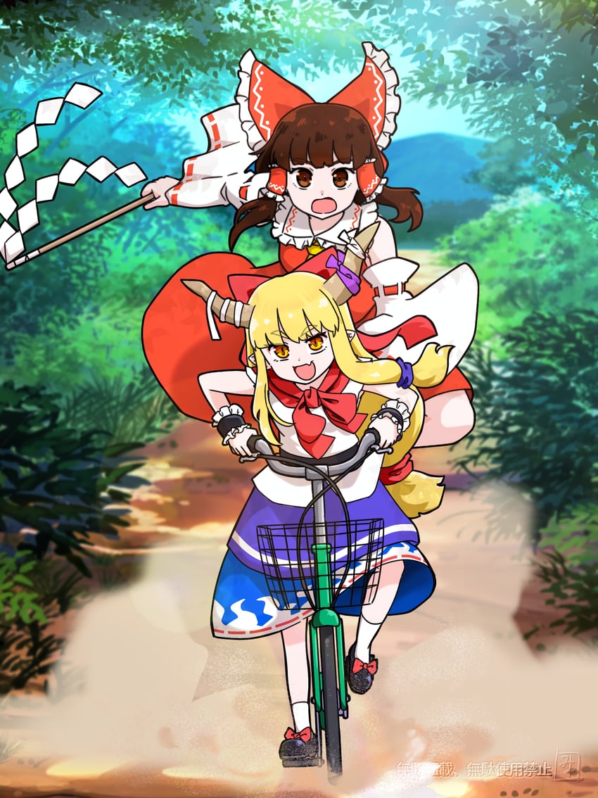hakurei reimu and ibuki suika (touhou) drawn by miyo_(user_xstn5827)