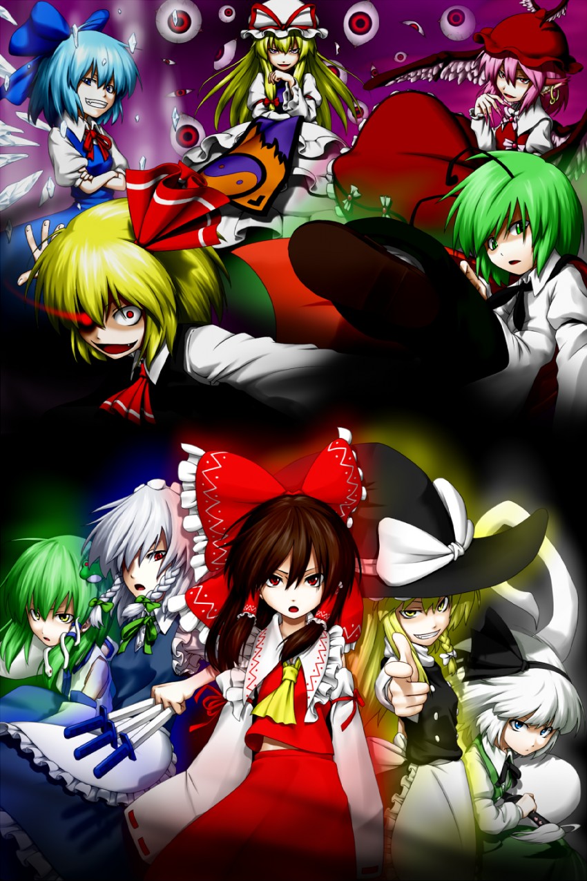 hakurei reimu, kirisame marisa, izayoi sakuya, kochiya sanae, konpaku youmu, and 5 more (touhou) drawn by kentairui
