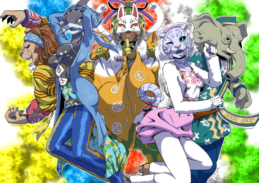 amu, sera, leo, tusk, and kyuemon izayoi (super sentai and 2 more) drawn by kiwa_(pokemonwars)