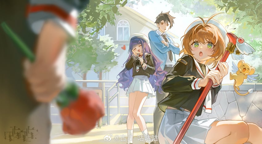 kinomoto sakura, kero, daidouji tomoyo, li syaoran, and kinomoto touya (cardcaptor sakura) drawn by gugu_(mirukai)
