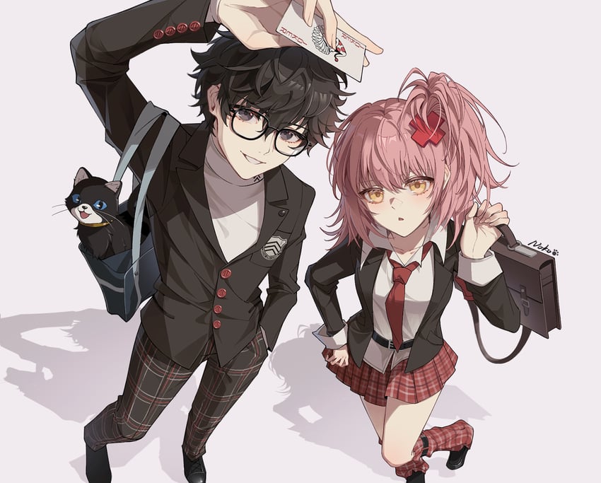 amamiya ren, hinamori amu, and morgana (persona and 2 more) drawn by dullnoko