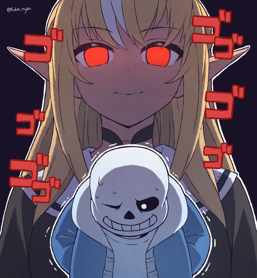 shiranui flare and sans (hololive and 1 more) drawn by kukie-nyan