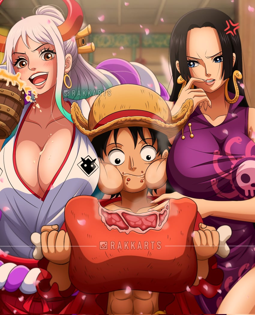 monkey d. luffy, yamato, and boa hancock (one piece) drawn by rakara11_(rakkarts)