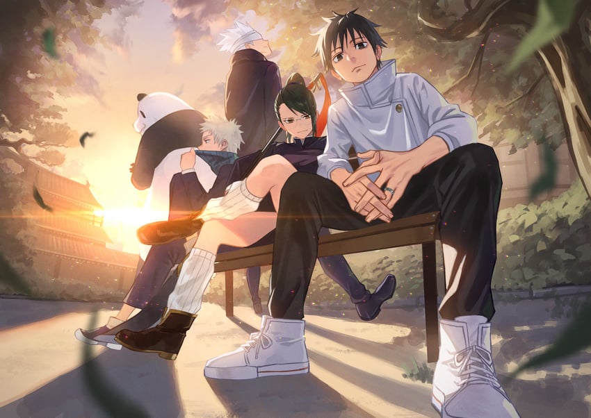 gojou satoru, zen'in maki, okkotsu yuuta, inumaki toge, and panda (jujutsu kaisen) drawn by hara_kenshi