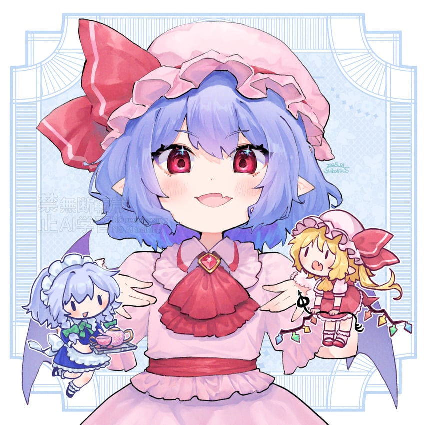 remilia scarlet, flandre scarlet, and izayoi sakuya (touhou) drawn by suzushiro_subaru