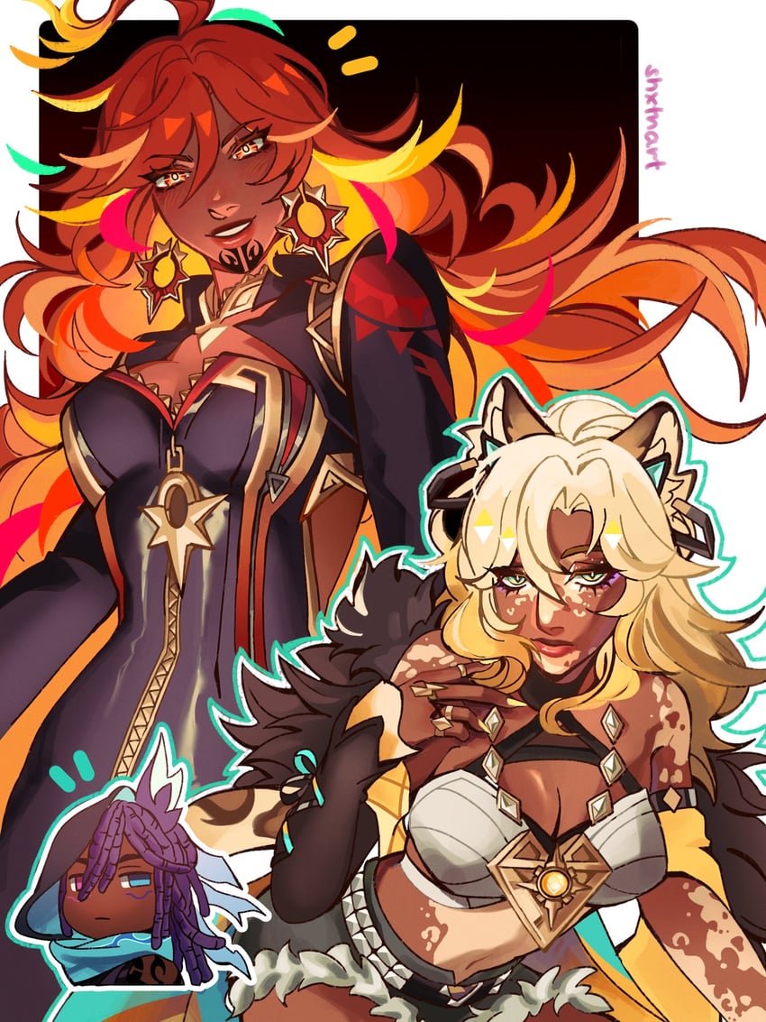 mavuika, xilonen, and ororon (genshin impact) drawn by shxtnart