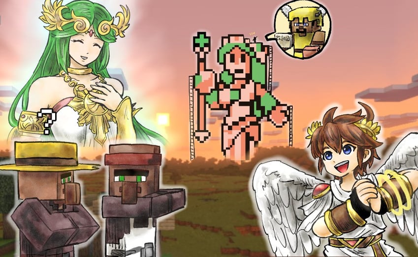 palutena, pit, steve, villager, and centurion (super smash bros. and 3 more) drawn by kicdon