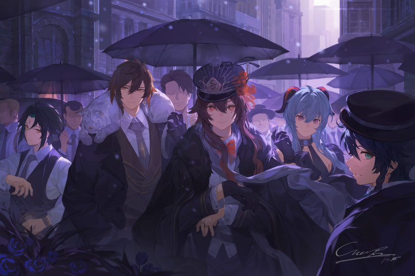ganyu, hu tao, zhongli, venti, and xiao (genshin impact) drawn by mushi_c_jun