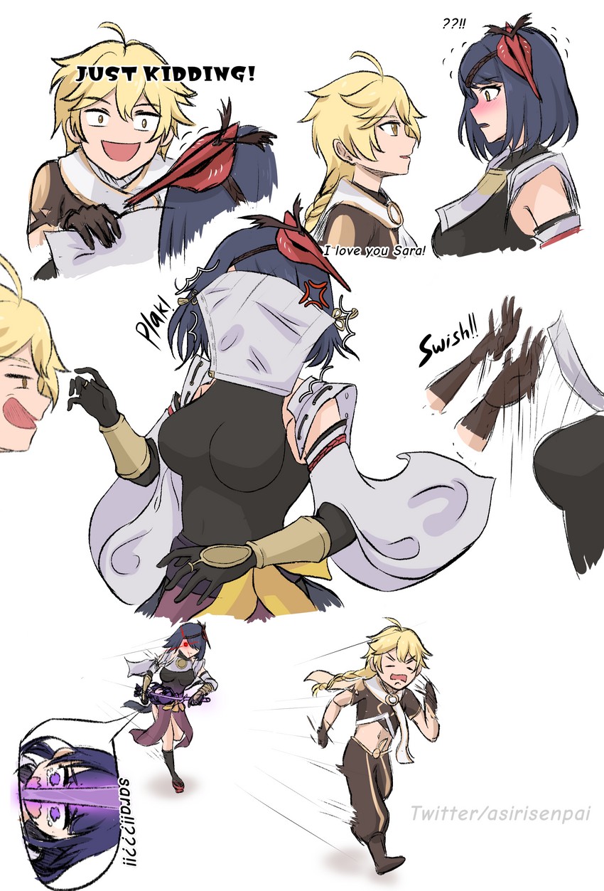 raiden shogun, aether, and kujou sara (genshin impact) drawn by asiri_senpai