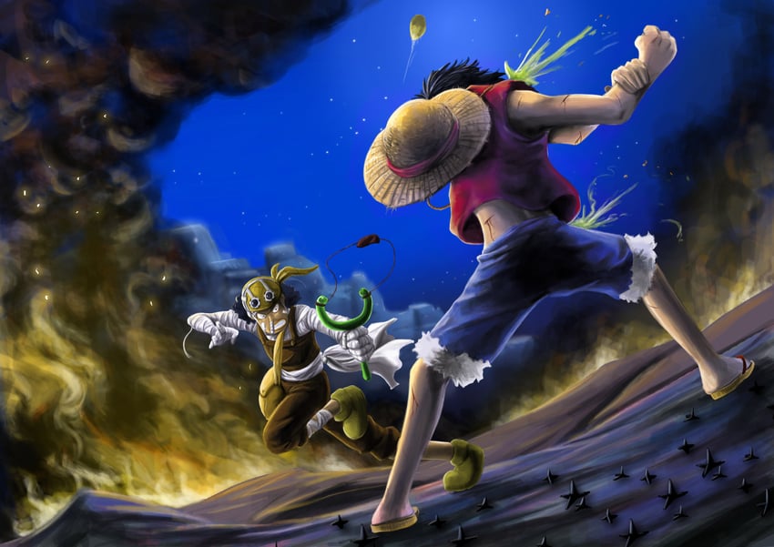 monkey d. luffy and usopp (one piece) drawn by farenheat