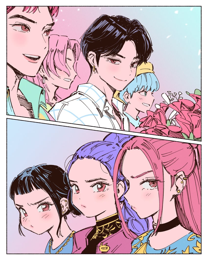 rumi, zoey, jinu, mira, abby, and 2 more (kpop demon hunters) drawn by polo_tokki