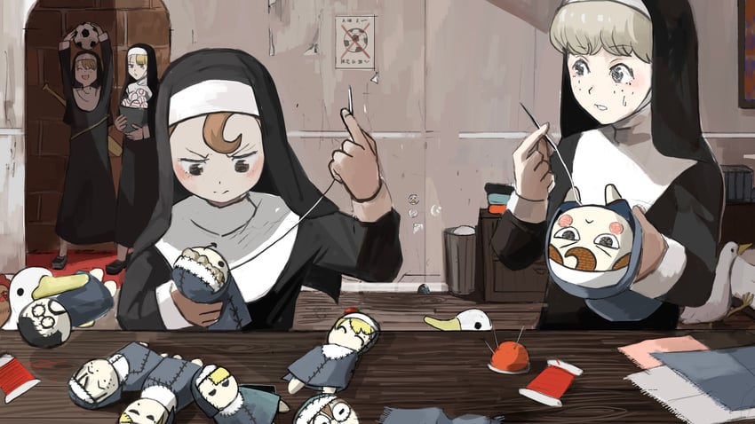 clumsy nun, froggy nun, spicy nun, strict nun, sheep nun, and 3 more (little nuns) drawn by diva_(hyxpk)
