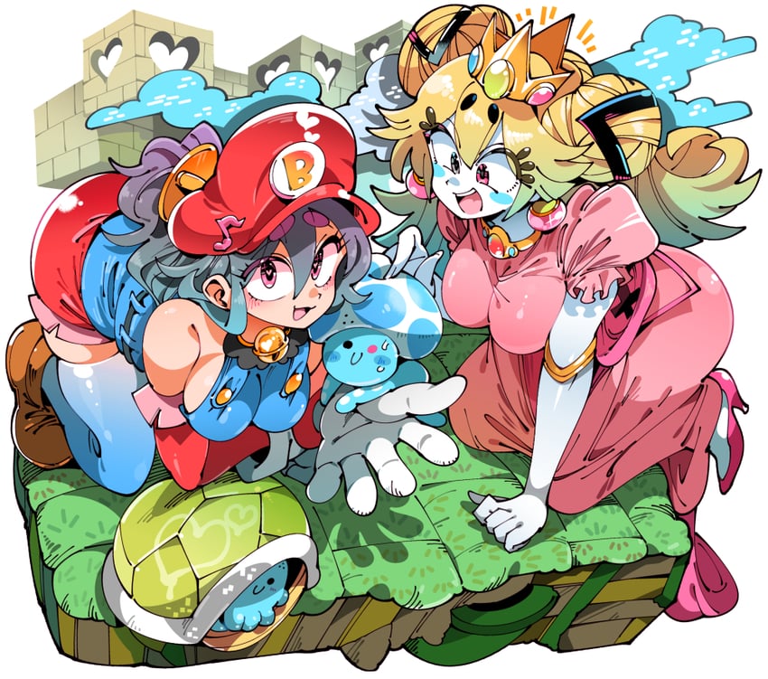 princess peach, mario, and toad (original and 1 more) drawn by kafun