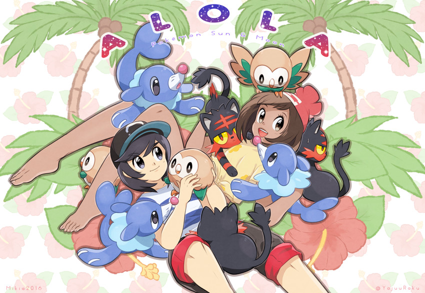 selene, rowlet, elio, popplio, and litten (pokemon and 1 more) drawn by yajuuraku
