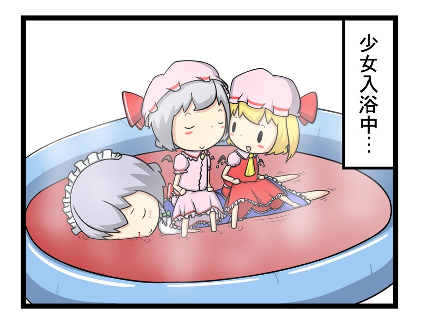 remilia scarlet, flandre scarlet, and izayoi sakuya (touhou) drawn by potaaju