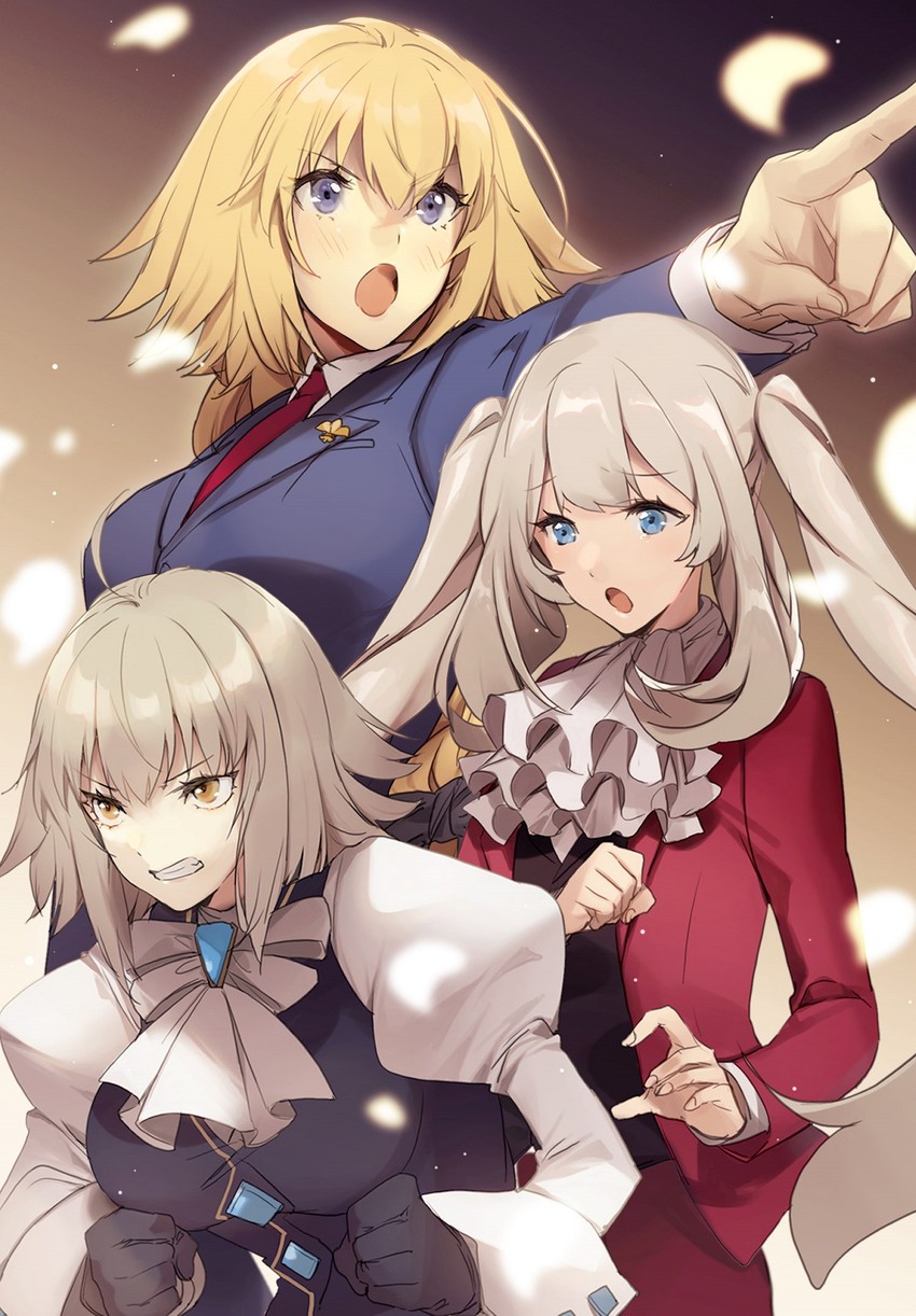 jeanne d'arc alter, jeanne d'arc, marie antoinette, phoenix wright, miles edgeworth, and 1 more (fate and 3 more) drawn by no-kan