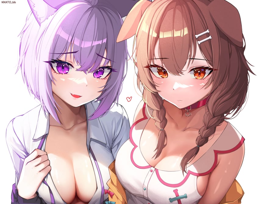 nekomata okayu and inugami korone (hololive) drawn by kkato