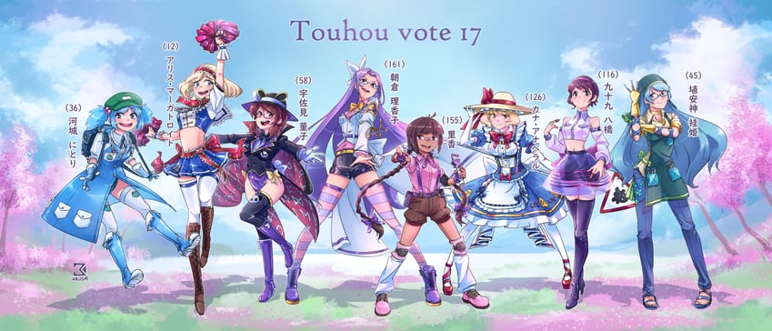 alice margatroid, kawashiro nitori, usami sumireko, haniyasushin keiki, tsukumo yatsuhashi, and 3 more (touhou) drawn by david_hrusa
