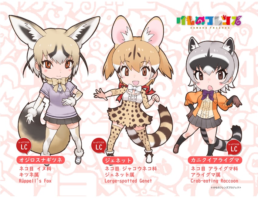 large-spotted genet, rueppell's fox, and crab-eating raccoon (kemono friends) drawn by yoshizaki_mine