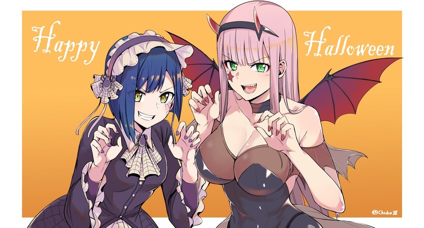 zero two and ichigo (darling in the franxx) drawn by chicke_iii