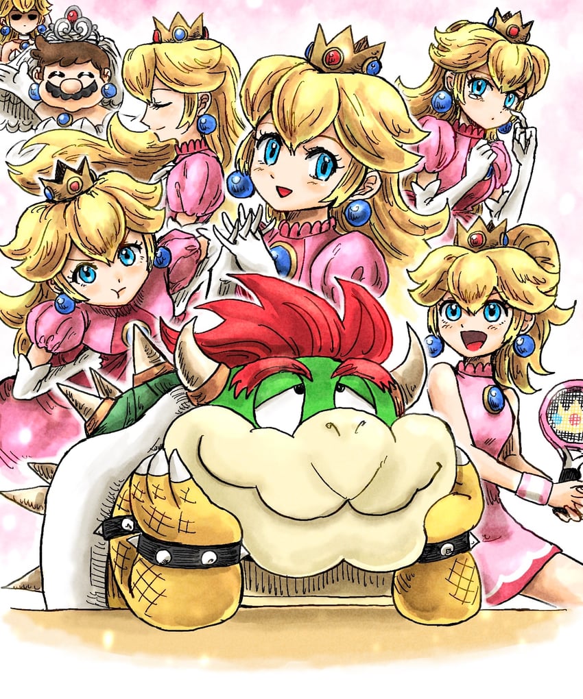princess peach, mario, and bowser (mario and 2 more) drawn by kicdon
