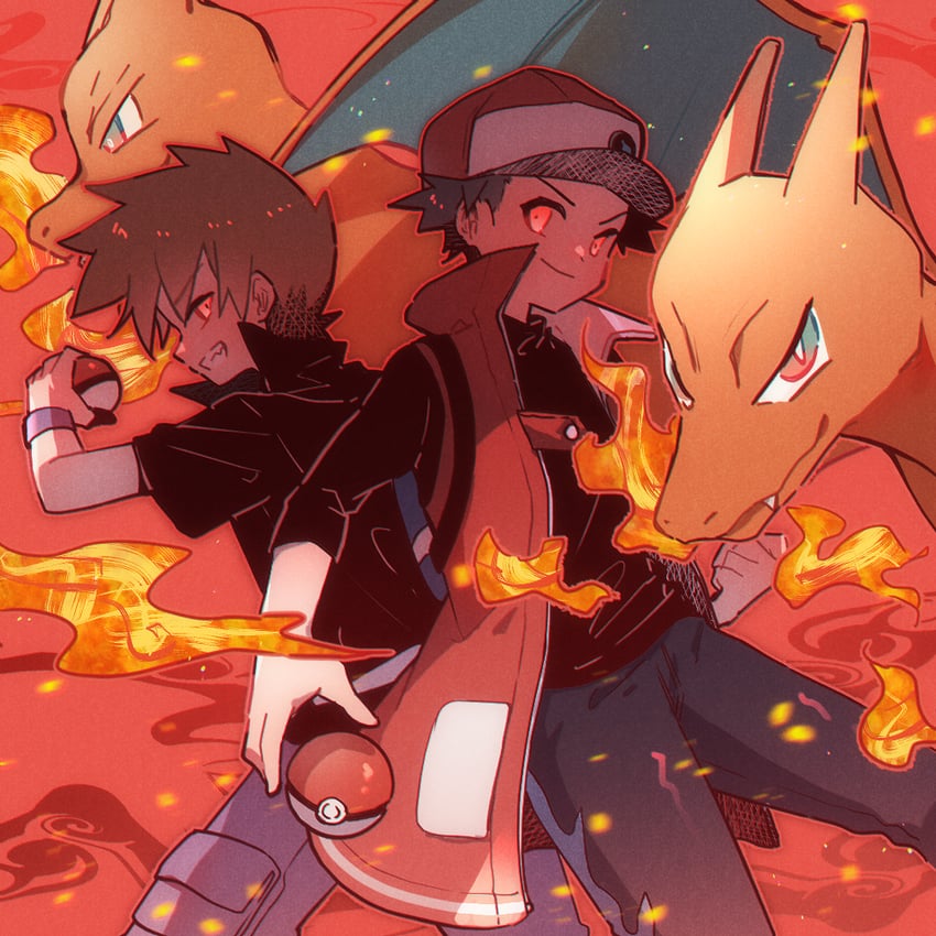 red, blue oak, and charizard (pokemon and 2 more) drawn by maccha_pamocute