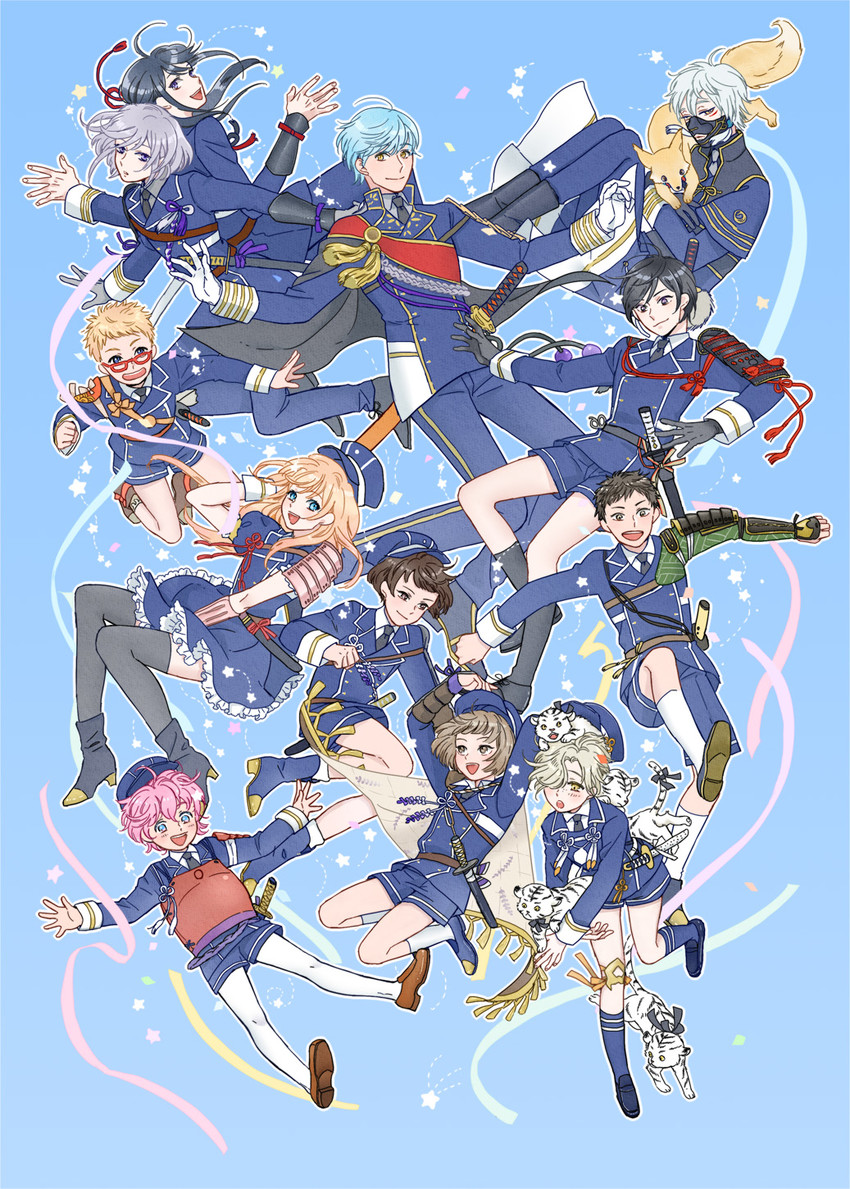 namazuo toushirou, honebami toushirou, midare toushirou, yagen toushirou, ichigo hitofuri, and 9 more (touken ranbu) drawn by sorayada