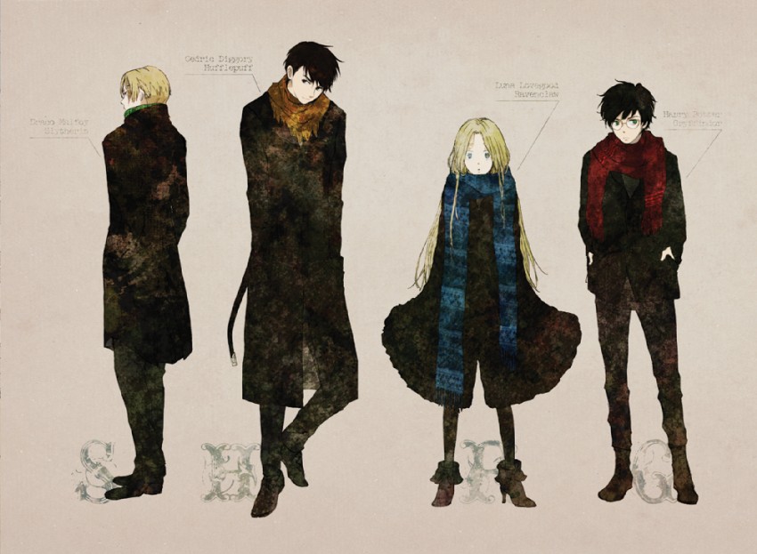 harry potter, draco malfoy, luna lovegood, and cedric diggory (wizarding world and 1 more) drawn by ebyo