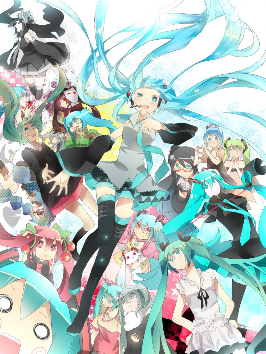 hatsune miku, kaname madoka, kyubey, sakura miku, and hachune miku (vocaloid and 13 more) drawn by omutatsu