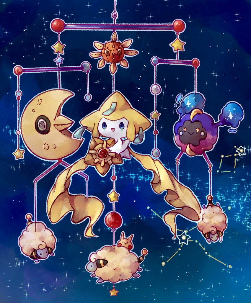 jirachi, cosmog, staryu, mareep, lunatone, and 1 more (pokemon) drawn by komeda_arufa