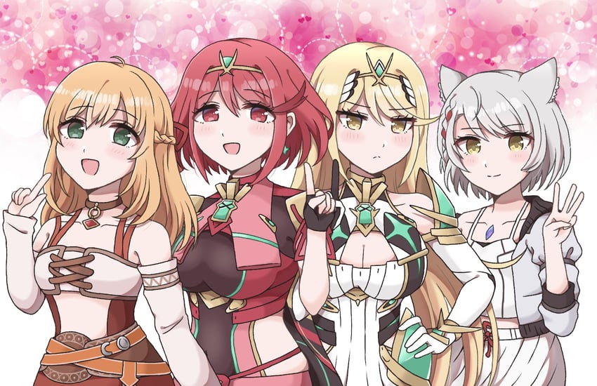 pyra, mythra, mio, and fiora (xenoblade chronicles and 3 more) drawn by hotatechoco_(hotariin)