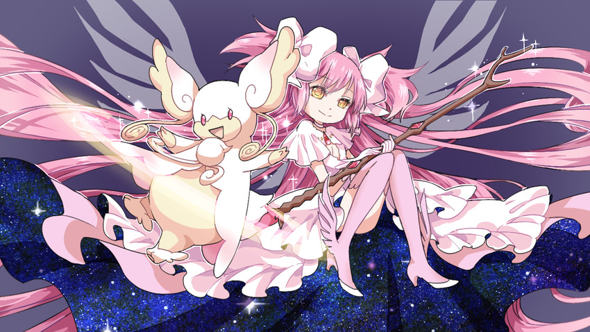 kaname madoka, ultimate madoka, audino, and mega audino (pokemon and 1 more) drawn by maruneko