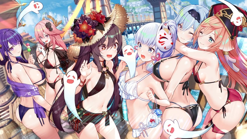 raiden shogun, hu tao, yae miko, kamisato ayaka, eula, and 2 more (genshin impact) drawn by akusema