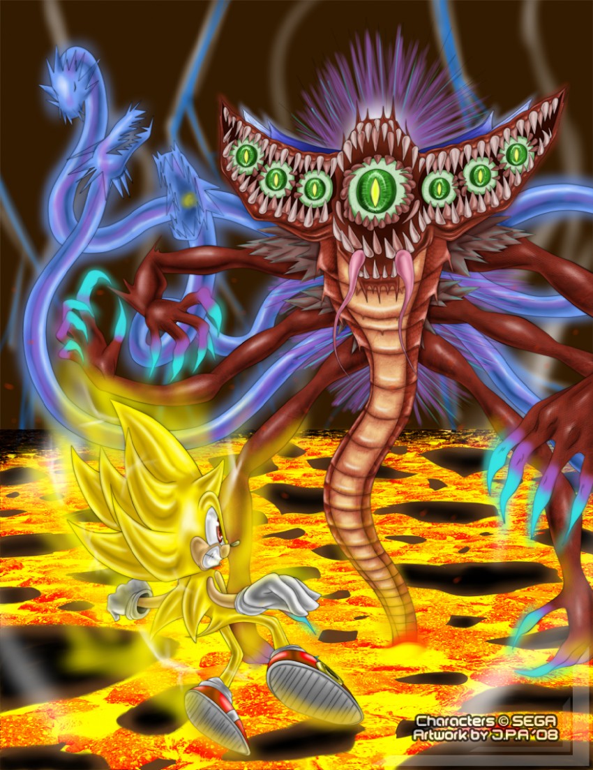 sonic the hedgehog, super sonic, dark gaia, and perfect dark gaia (sonic and 1 more) drawn by steeltw
