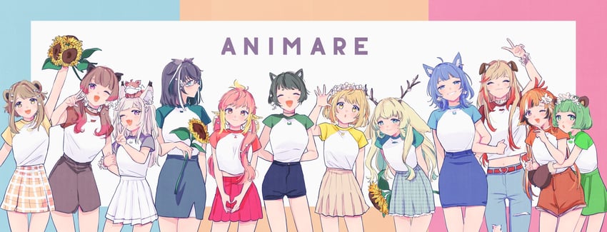 souya ichika, inaba haneru, oura rukako, shiromiya mimi, kazami kuku, and 7 more (nanashi inc. and 1 more) drawn by yoo_(conjmy)