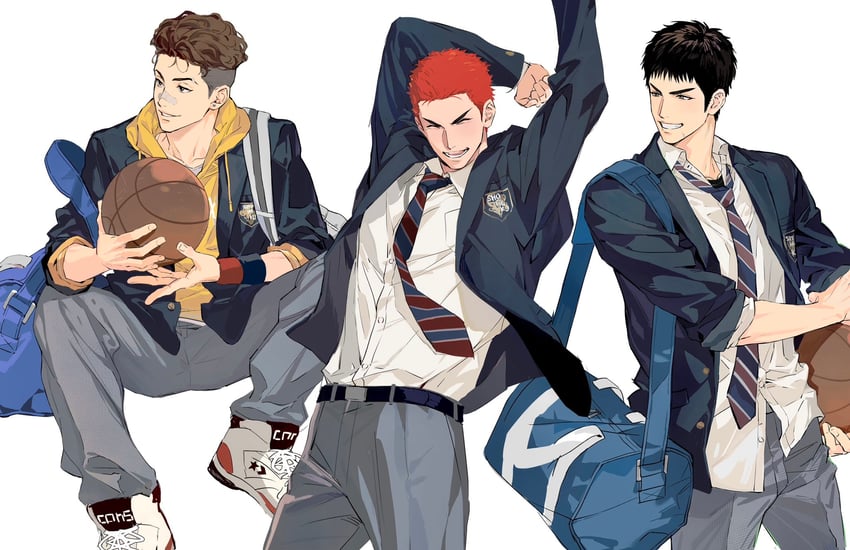 sakuragi hanamichi, miyagi ryouta, and mitsui hisashi (slam dunk) drawn by gyou_chin