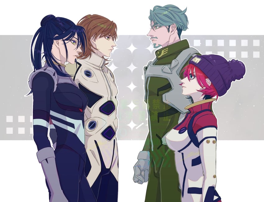 amate yuzuriha, nyaan, challia bull, and xavier olivette (gundam and 1 more) drawn by kama_(kamawhite)