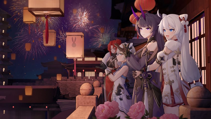 kiana kaslana, raiden mei, bronya zaychik, and murata himeko (honkai and 1 more) drawn by wood_cube