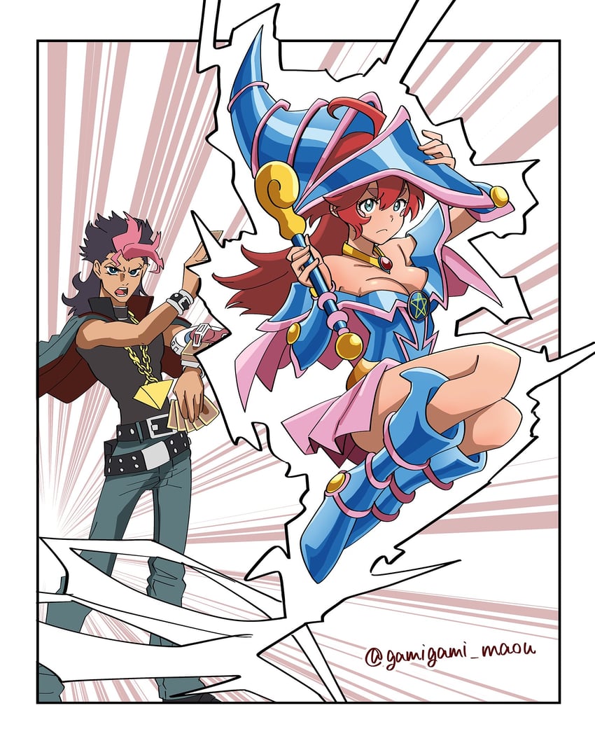 suletta mercury, dark magician girl, muto yugi, yami yugi, and guel jeturk (gundam and 3 more) drawn by gamigami_maou_(artist)