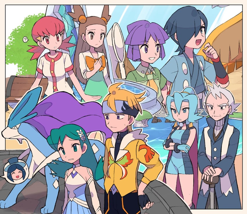 kris, jasmine, whitney, suicune, morty, and 5 more (pokemon and 3 more) drawn by tyako_089