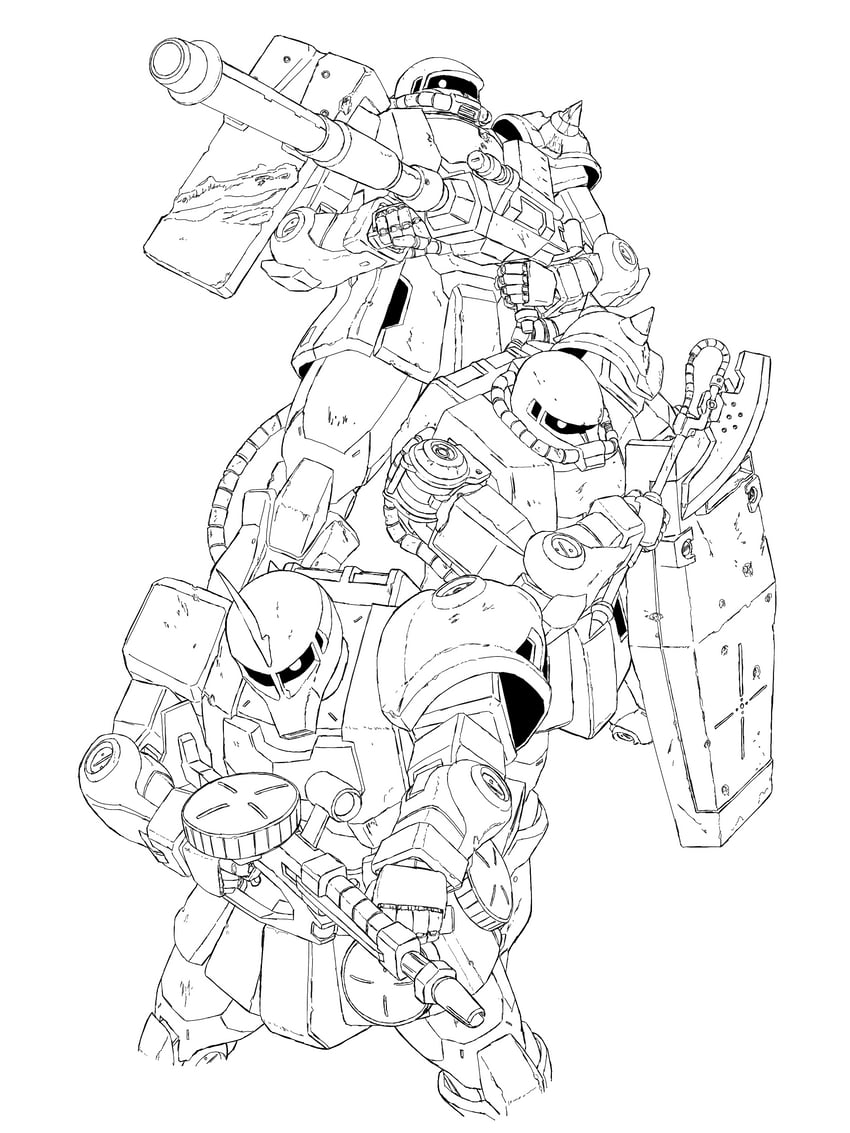 rx-78-2 gundam, zaku ii, and zaku i (gundam and 2 more) drawn by mecha_kaku_man