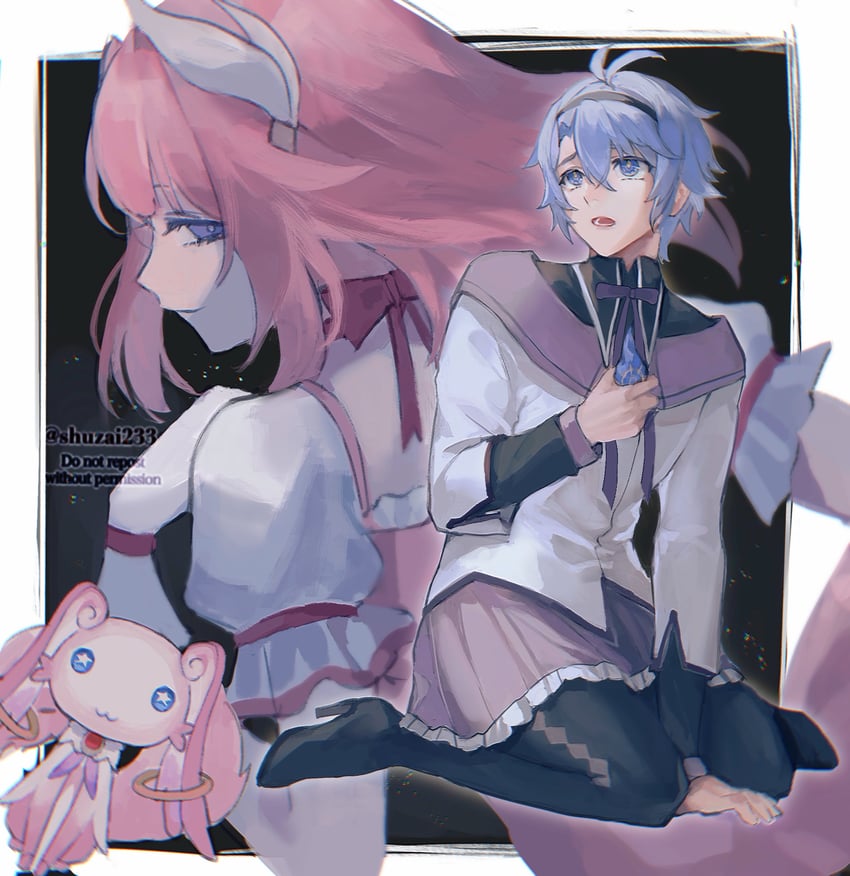 akemi homura, kaname madoka, kyubey, phainon, cyrene, and 1 more (honkai and 2 more) drawn by shuzai233