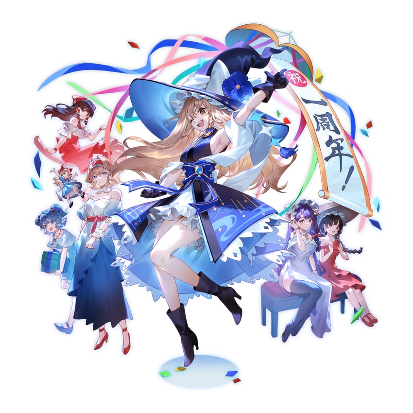 hakurei reimu, kirisame marisa, alice margatroid, patchouli knowledge, kawashiro nitori, and 2 more (touhou and 1 more) drawn by u_u_zan