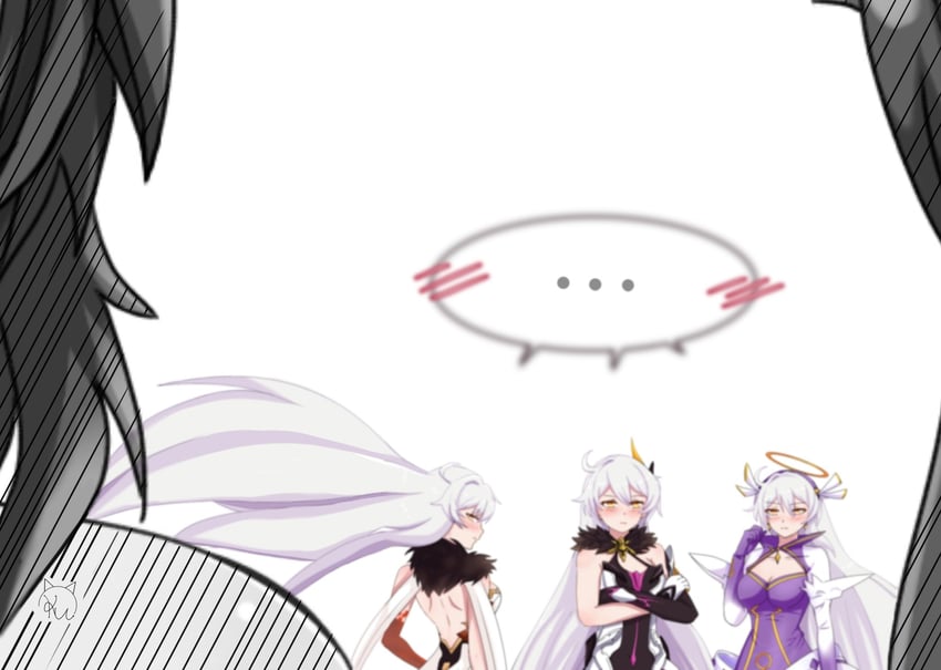 kiana kaslana, kugimiya rie, unknown god, herrscher of the end, and tao dian (genshin impact and 4 more) drawn by kudayunii