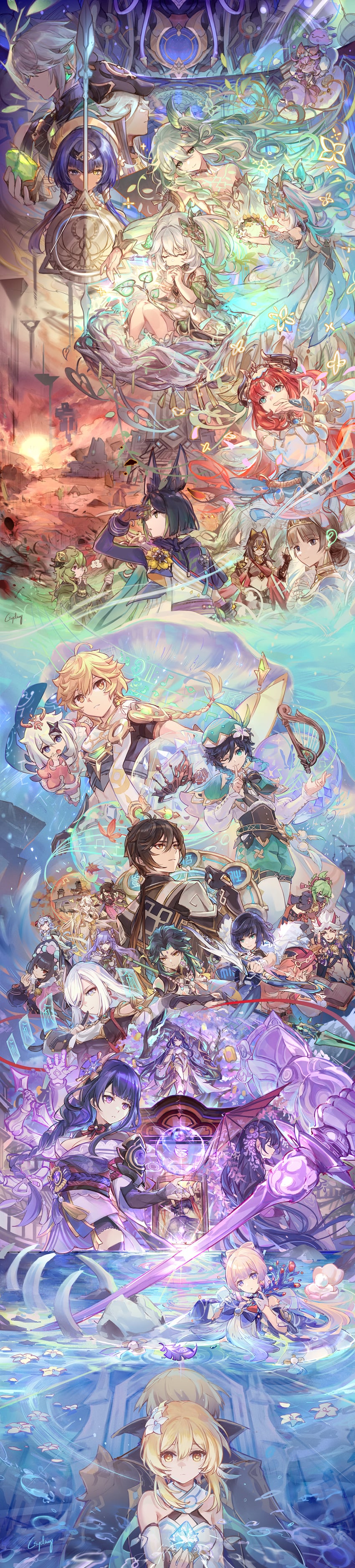 ganyu, lumine, raiden shogun, scaramouche, aether, and 29 more (genshin impact) drawn by csyday
