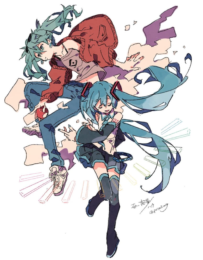 hatsune miku (vocaloid and 1 more) drawn by hazime