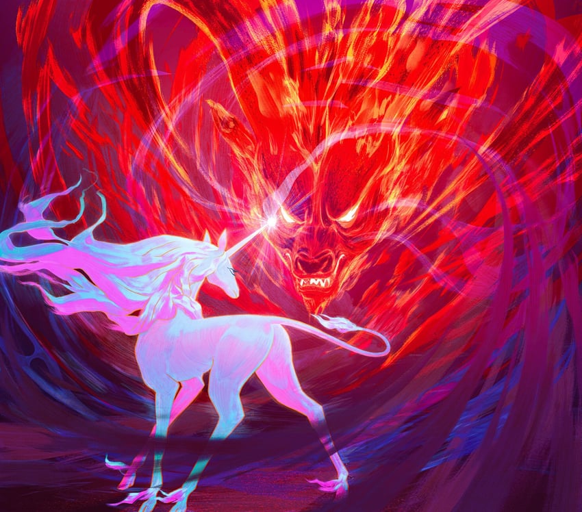 the unicorn and the red bull (the last unicorn) drawn by nephelomancer